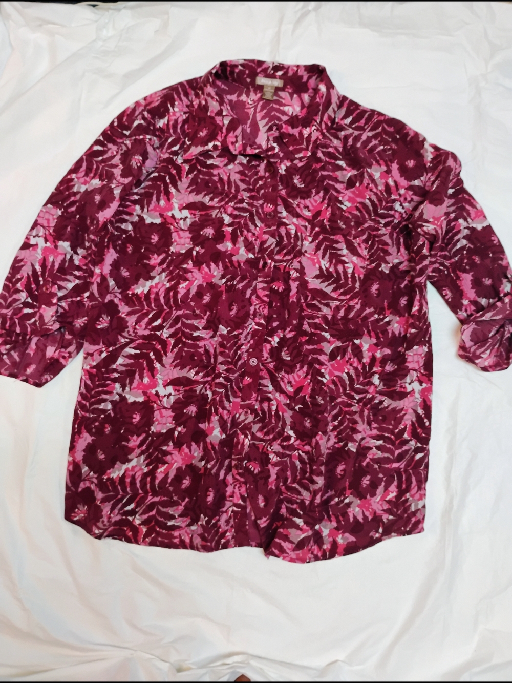 White Stag Pink and Burgundy Floral Button-Up Blouse
